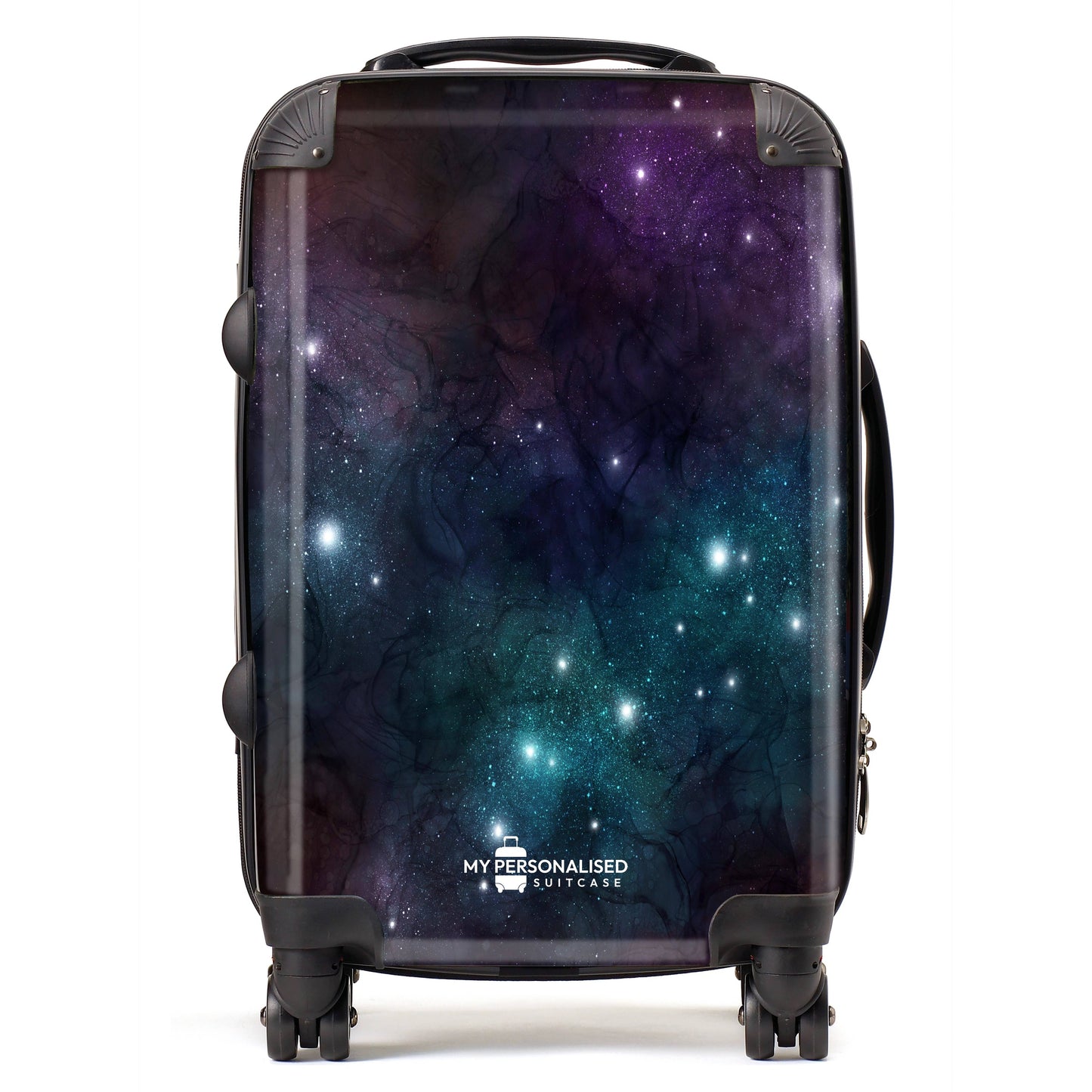 Personalised Awash with Stars Neon Blue and Purple Suitcase